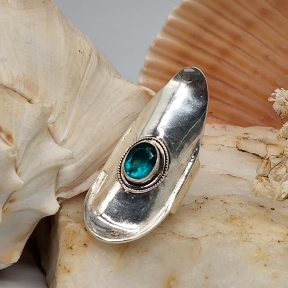 Clear Genuine Spinel Quartz Ocean Blue Stone Silver Ring - Picture 1 of 7